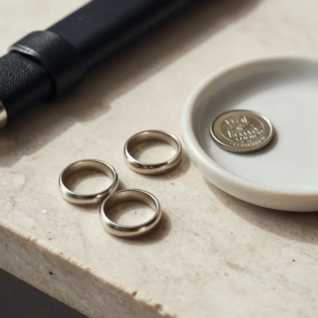 Brushed-metal rings, coin tray and archive strap on pale limestone in soft directional light.