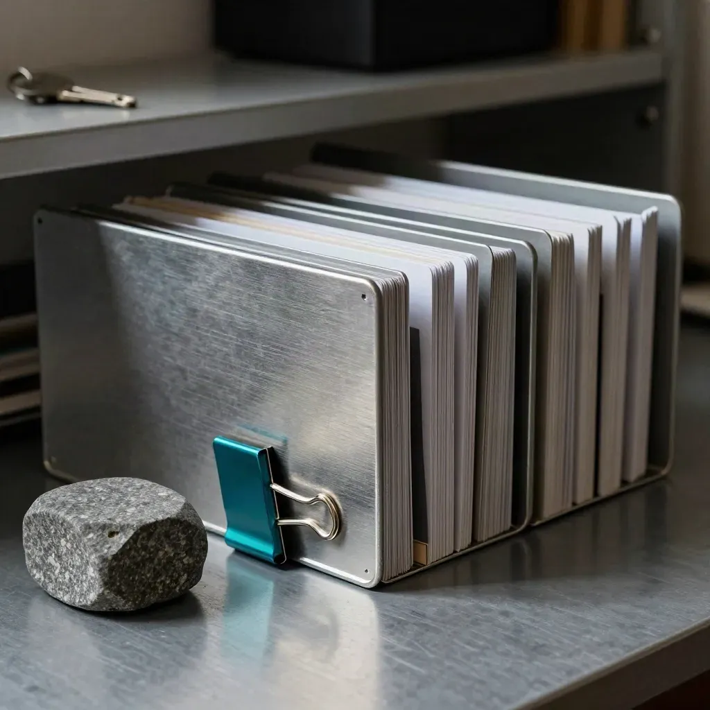 Archive clips, file dividers, and a stone paperweight on brushed metal