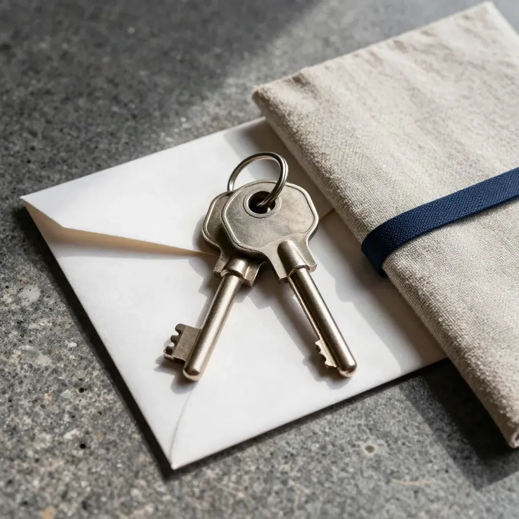 Top-down macro of vault keys, a deposit envelope, and a linen ledger wrap on cool stone.