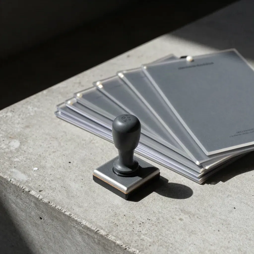 Frosted acrylic approval blocks, stamp base, and document sleeves on concrete