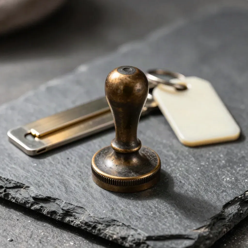 Macro still life of a metal seal, ID sleeve clip, and key tag on graphite stone.