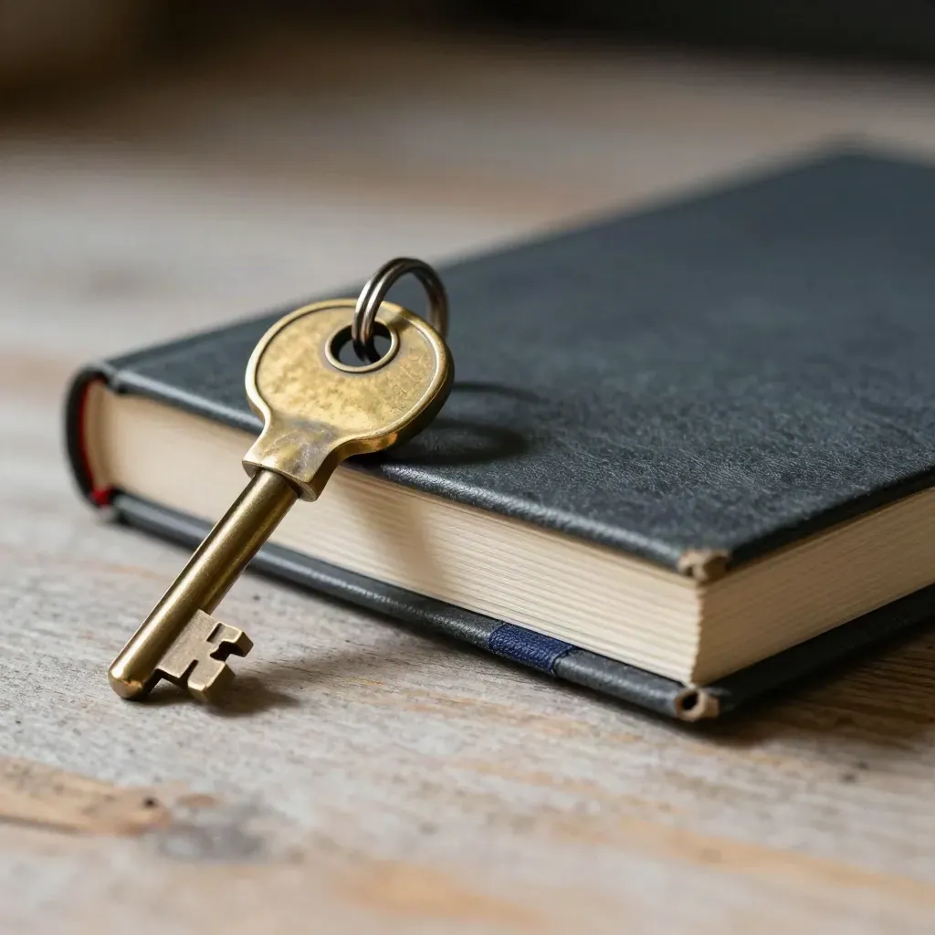 Brass underwriting tools, ledger block, and archive clip on pale wood in dramatic studio light.