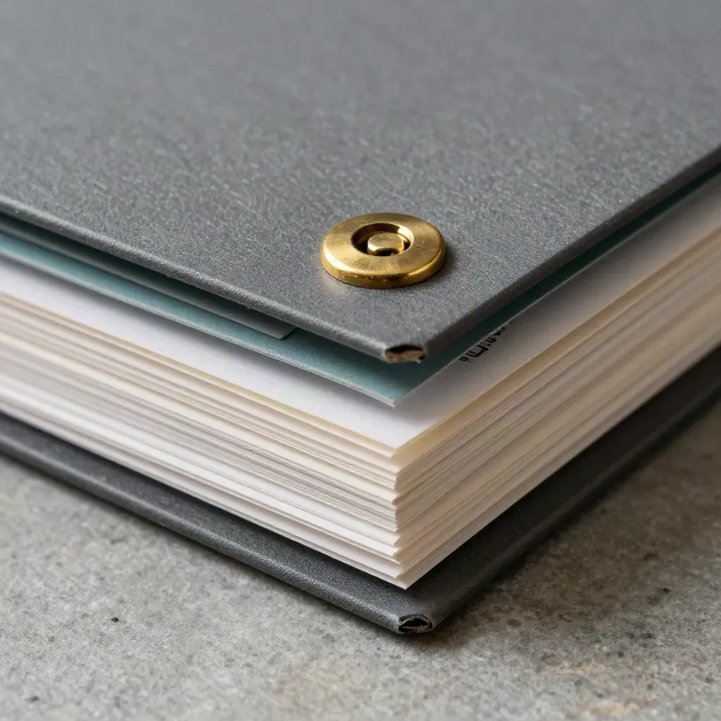 Extreme macro of a sealed credit report dossier with brass fastener, teal clips, and lifting paper edge.