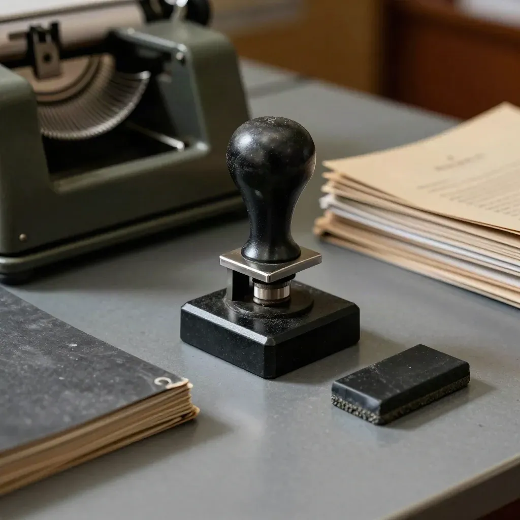 Seal press hovering over its base on a graphite archive counter with fine haze.