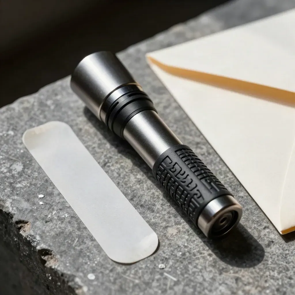 UV torch beside a tamper strip sample and evidence envelope corner on a stone surface