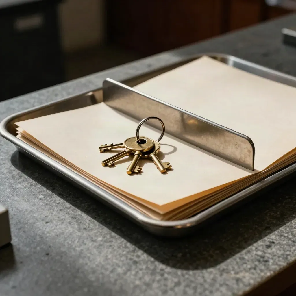 Macro of a bank risk tray with secure folders, vault keys, and a metal divider.