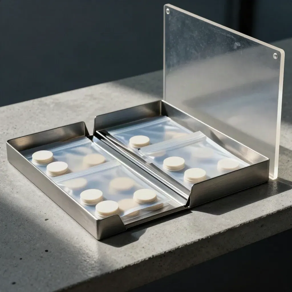 Fintech ops trays, sealed pouches and white token pucks seen through frosted acrylic.