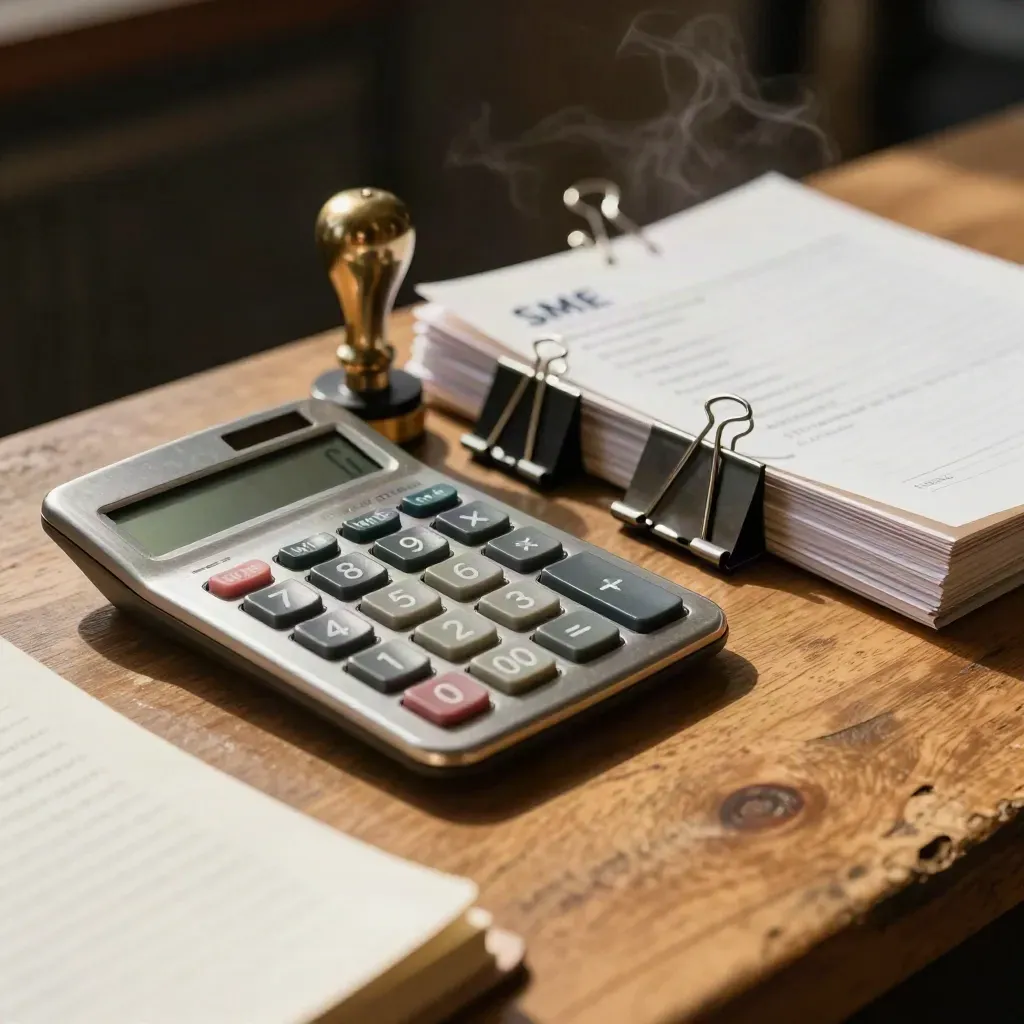 Calculator, approval stamp, and file clips on honey oak with blurred ledger edge.