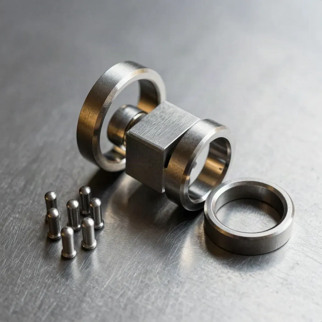 Top-down macro of linked metal rings and a connector block on brushed steel.