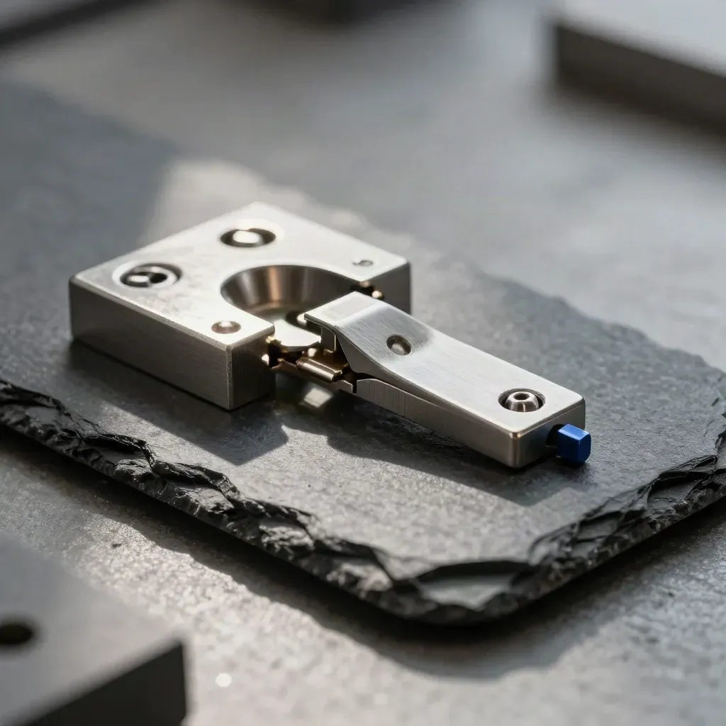 Interlocking metal blocks and a hinge mid-assembly on dark slate under hard studio light.