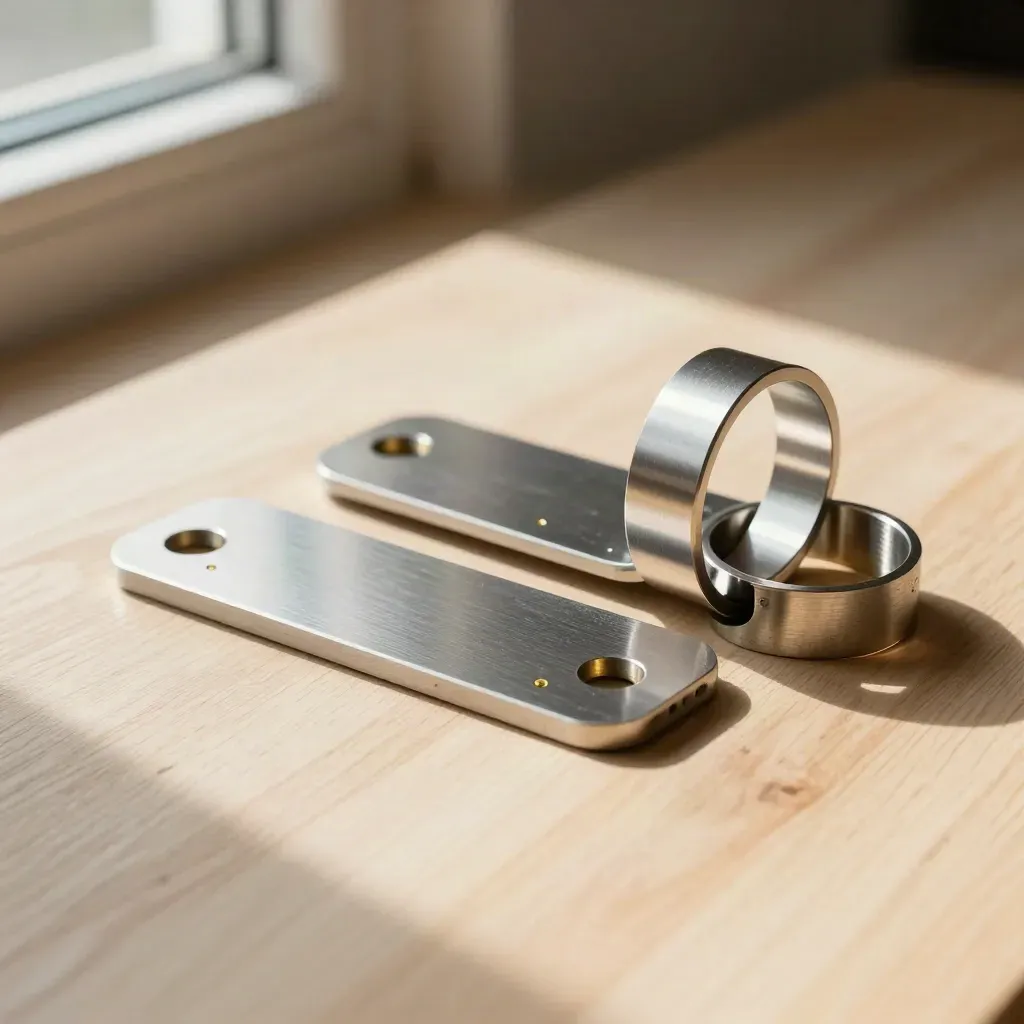 Precision connectors, a folded metal bracket and ring on pale wood in warm editorial light
