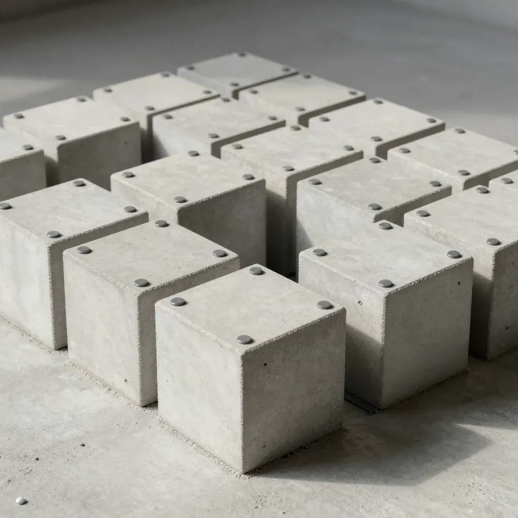Overhead close crop of modular concrete cubes and steel locator pins in chalky light.