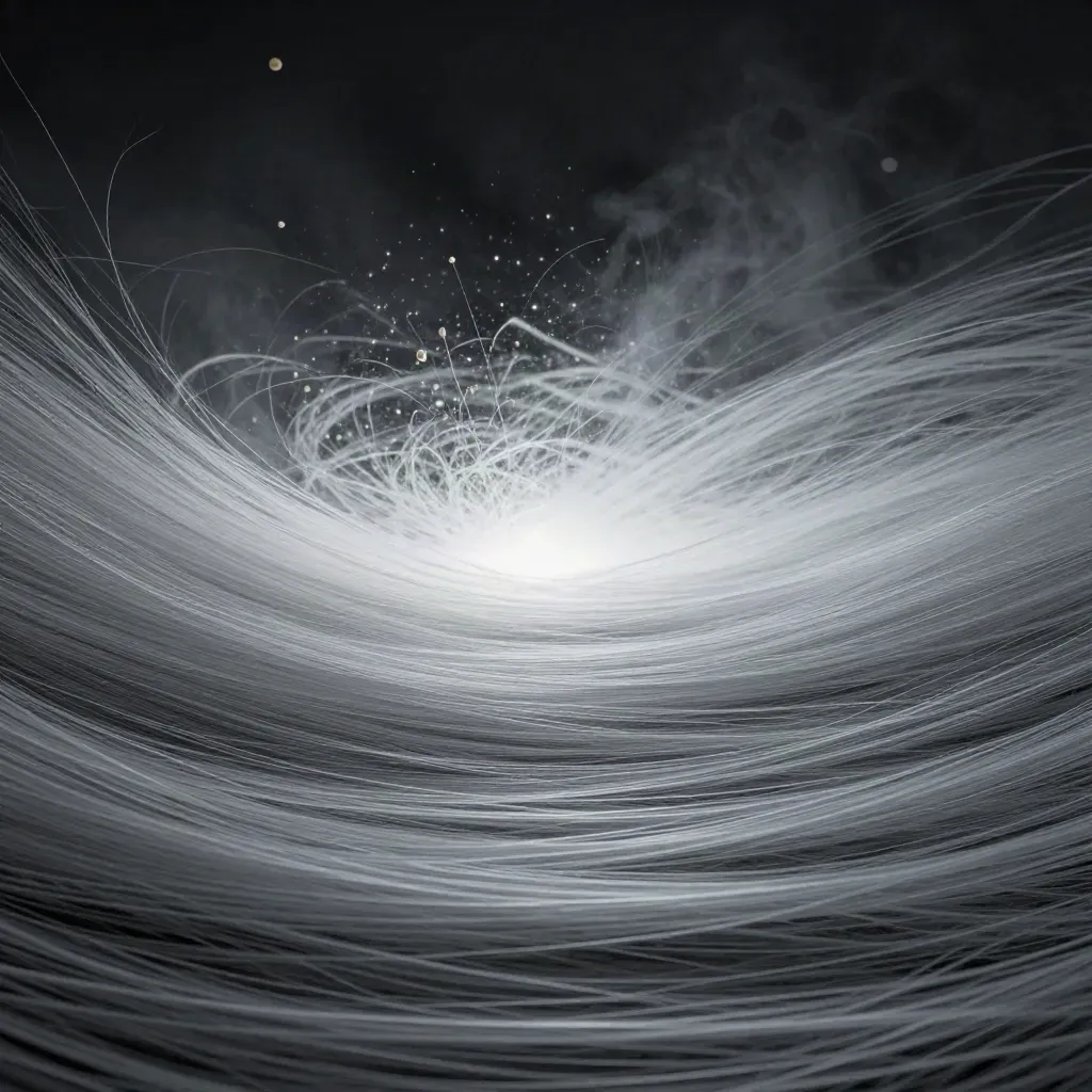 Abstract silver light filaments bloom in dark graphite haze with open copy space.